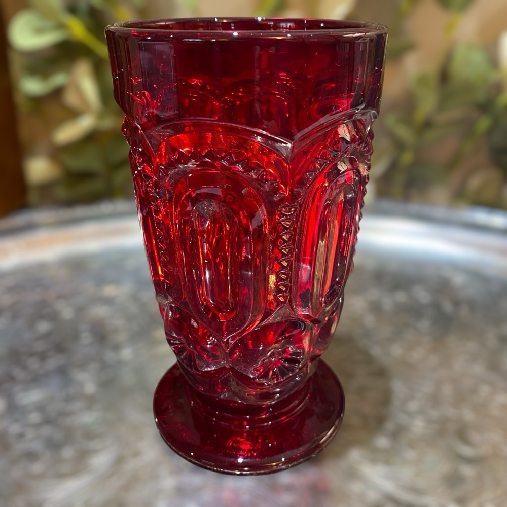 LE Smith Moon & Stars Iced Tea Water Tumbler Ruby Red Vintage Glass MCM